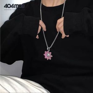 404MOB rotating necklace small red flower hip hop full of rhinestones